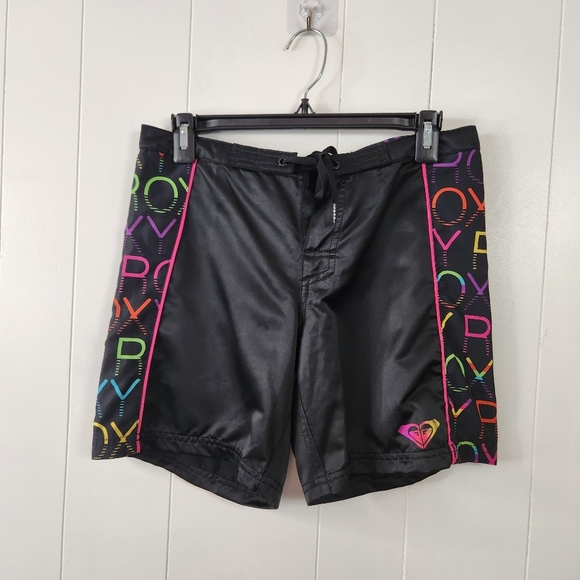 Roxy Swim Black Board Shorts Lace-Up Surf Long Bermuda Short Trunks Beach 3 - Picture 1 of 11